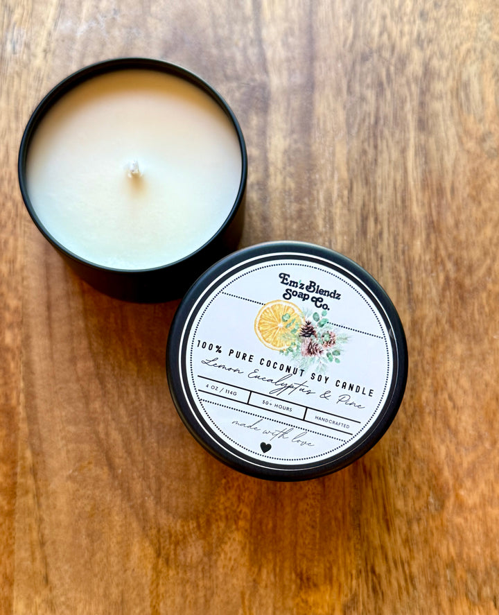 Peaceful Lemon Eucalyptus Pine Soy Wax Candle in Tin | Rejuvenating Aroma Em'z Blendz Soap Co.