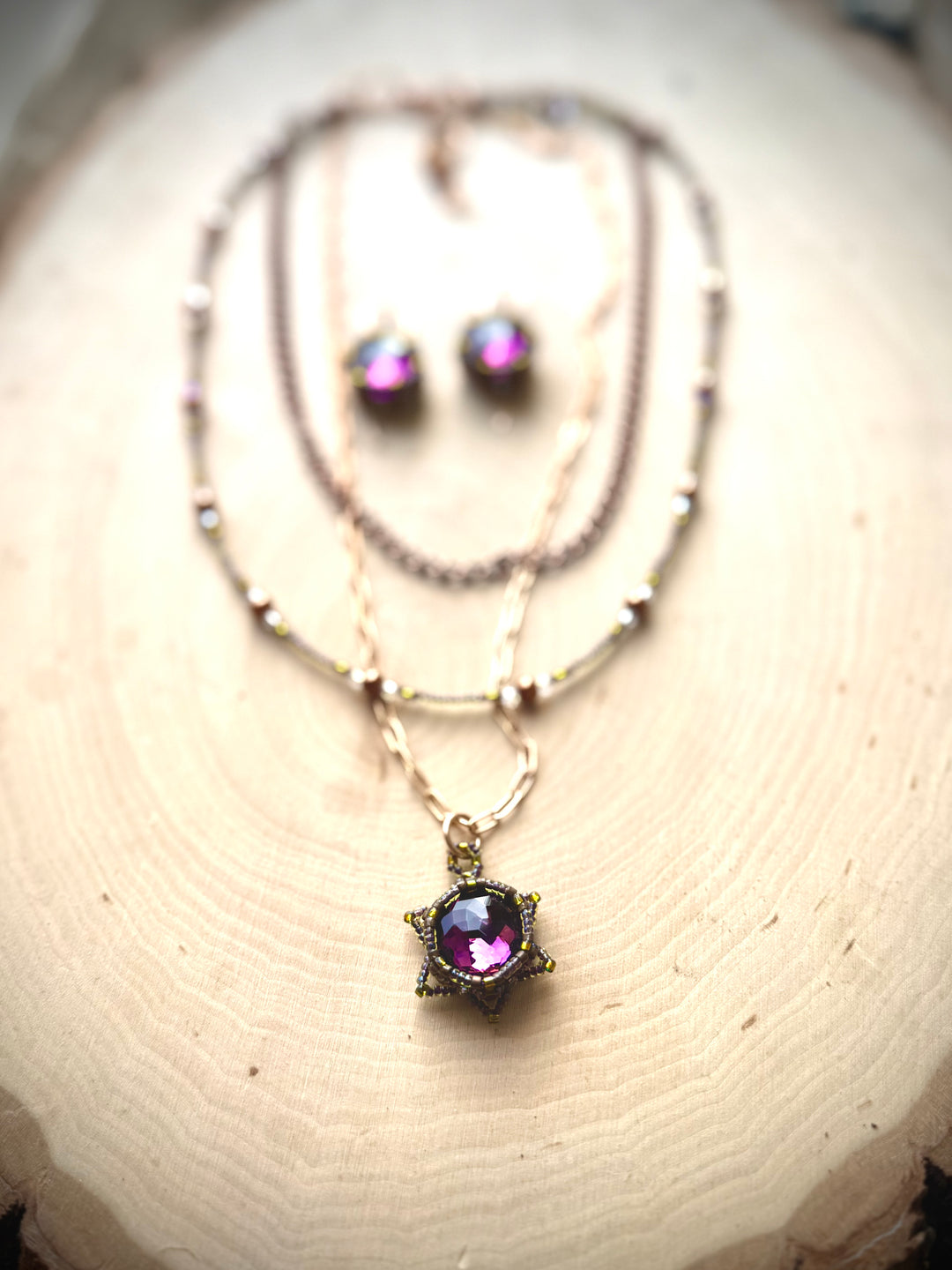 Handwoven Lotus Flower Layered Necklace | Amethyst Crystal & Copper Em'z Blendz Soap Co.