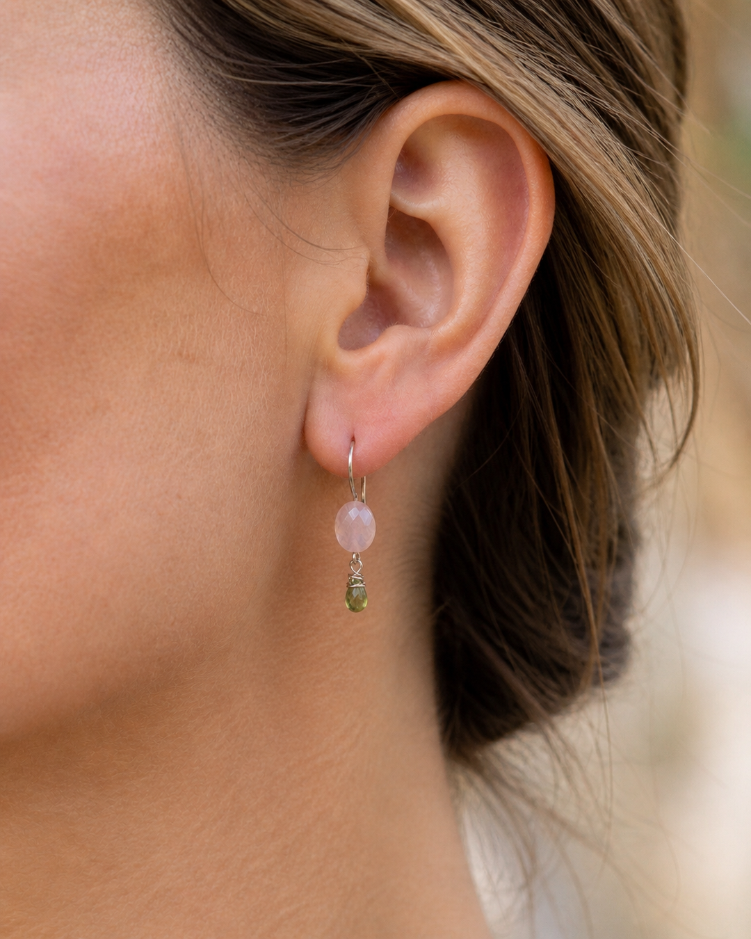 Bloom & Glow Rose Quartz Earrings | Rose Quartz & Peridot Fine Silver Dangles Em'z Blendz Soap Co.