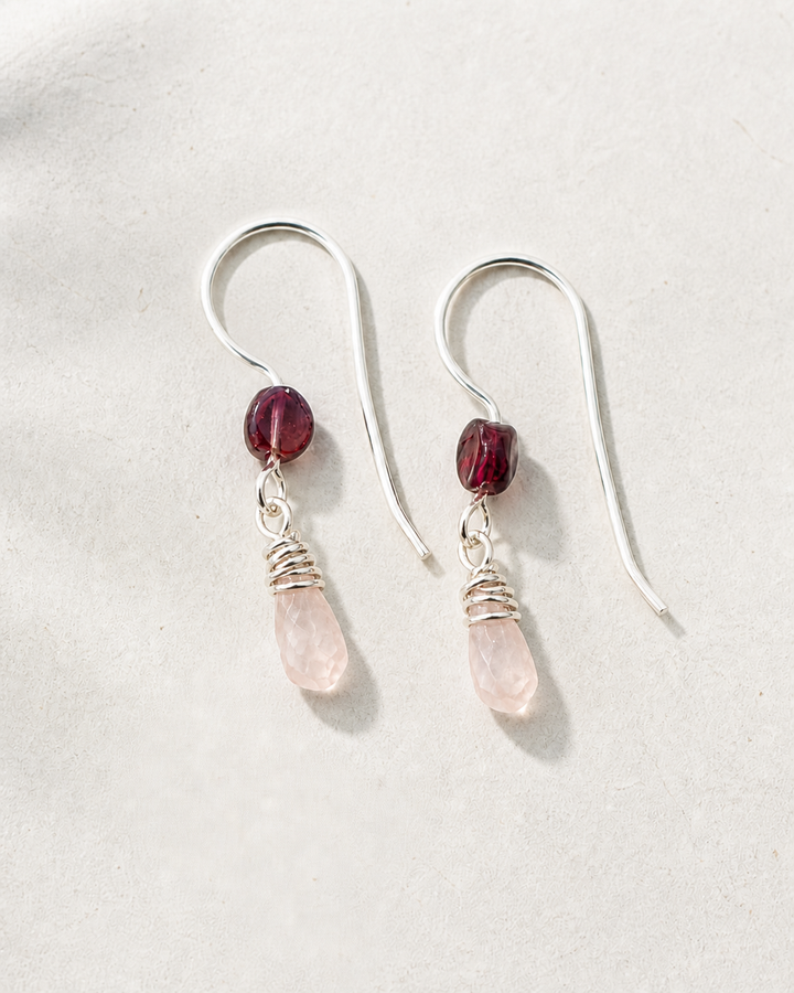 Raspberry Rose Earrings | Rhodolite Garnet & Rose Quartz Fine Silver Dangles Em'z Blendz Soap Co.