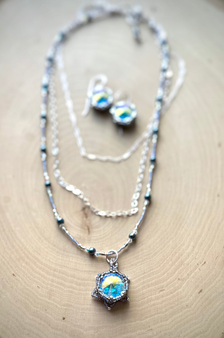 Handwoven Lotus Flower Layered Necklace | Color-Shifting Crystal & Silver Set with matching earrings Em'z Blendz Soap Co.