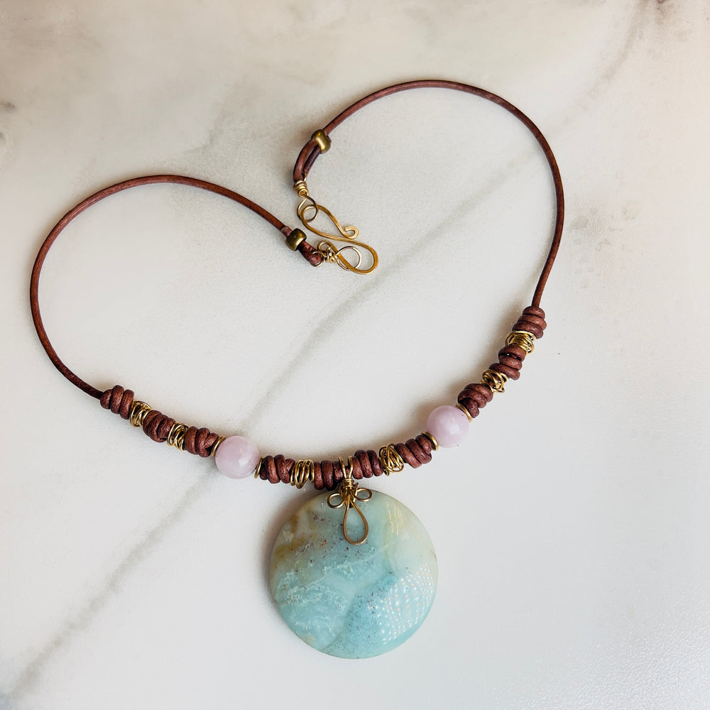 Amazonite & Kunzite Leather Necklace    Em'z Blendz Soap Co.