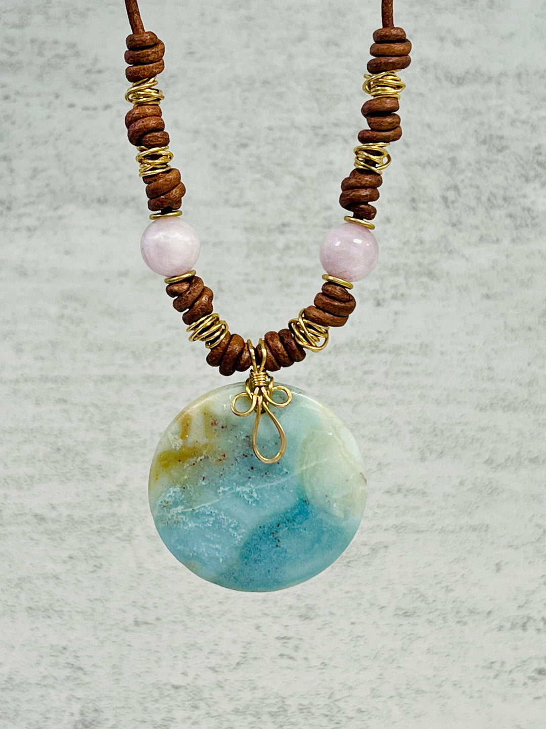 Amazonite & Kunzite Leather Necklace | Handcrafted Artisan Jewelry Em'z Blendz Soap Co.