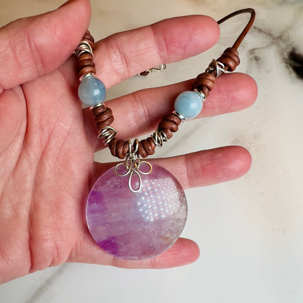 Amethyst & Aquamarine Leather Necklace | Handcrafted Artisan Jewelry Em'z Blendz Soap Co.