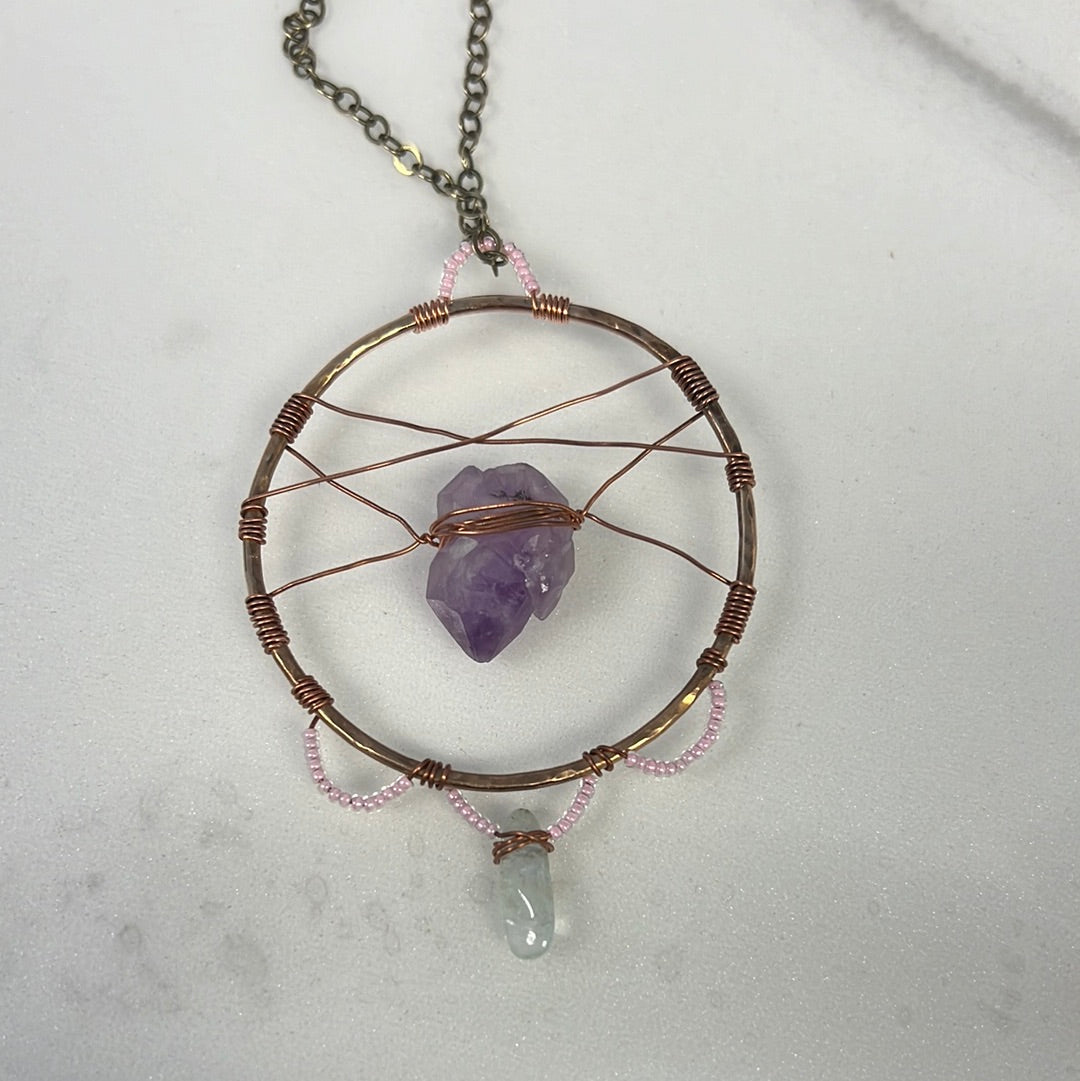 Amethyst Crystal & Aquamarine Dream Catcher Necklace | Handcrafted Jewelry Em'z Blendz Soap Co.