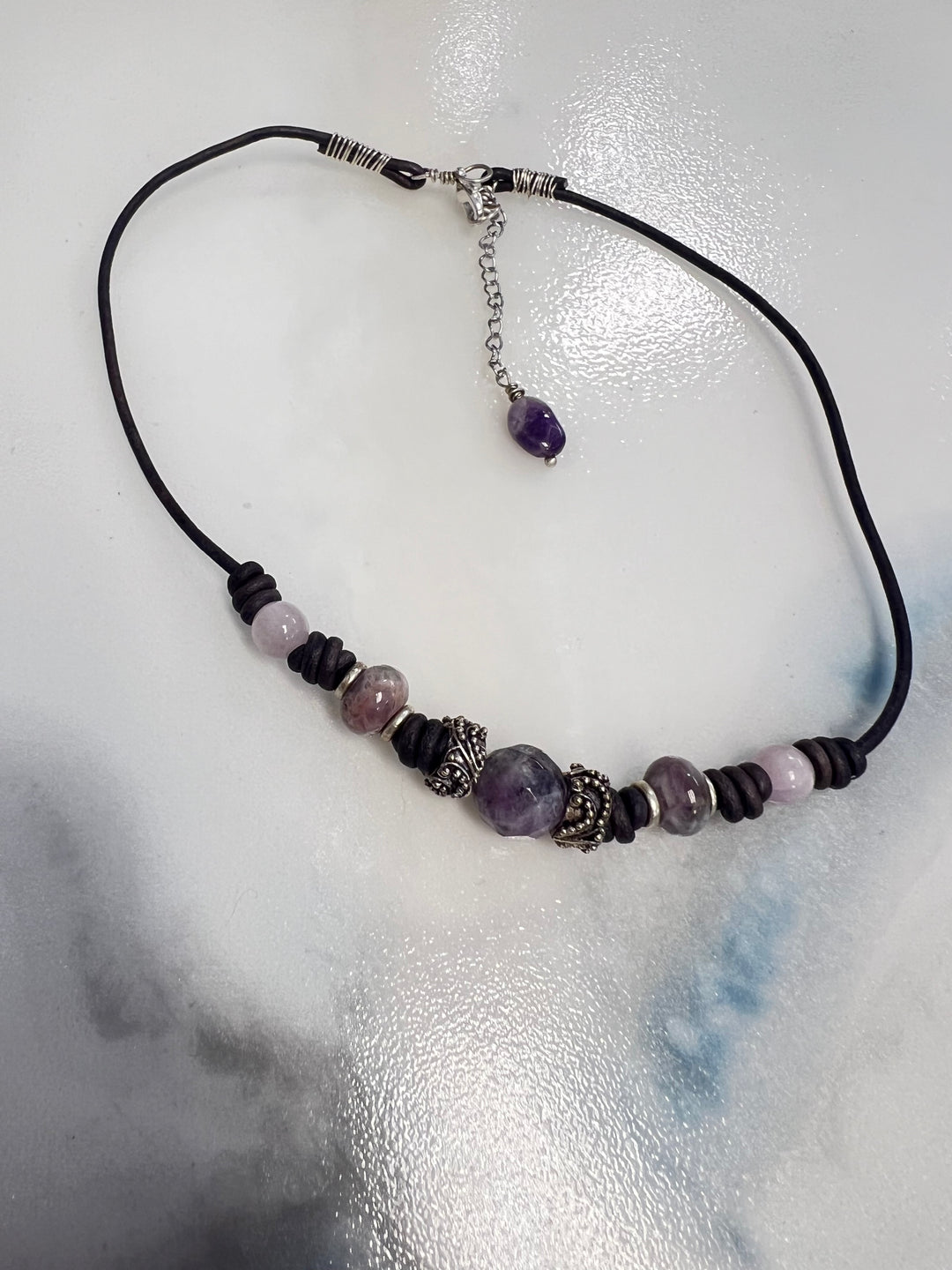 Amethyst, Kunzite & Sterling Silver Leather Necklace | Handcrafted Jewelry Em'z Blendz Soap Co.