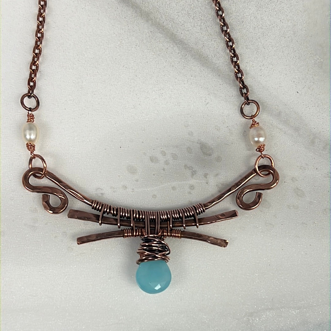 Aqua Chalcedony & Pearl Copper Necklace | Handcrafted Artisan Jewelry Em'z Blendz Soap Co.