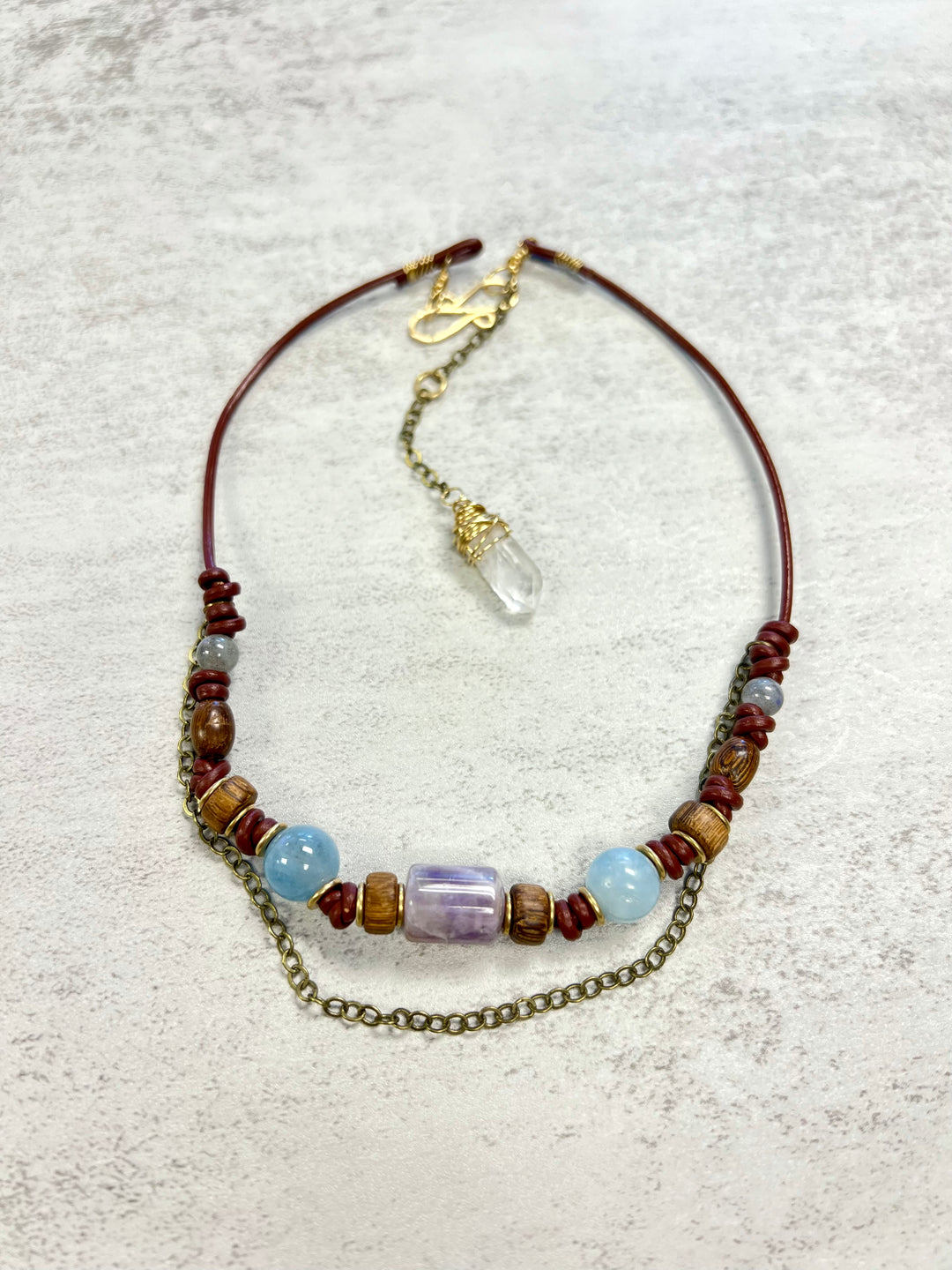 Aquamarine & Crazy Lace Agate Silver Leather Necklace | Handcrafted Jewelry Em'z Blendz Soap Co.