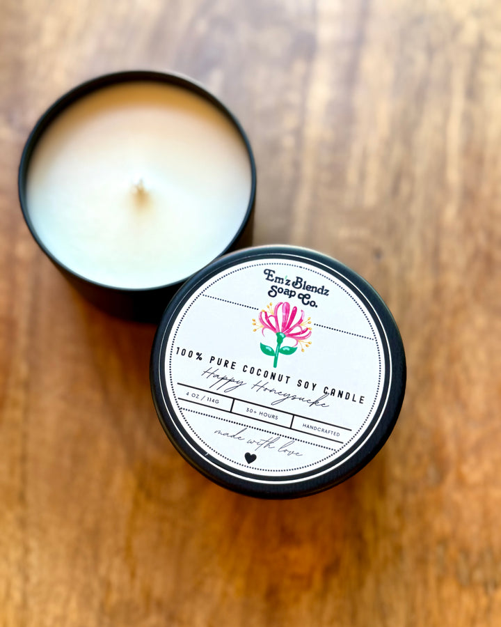 Happy Honeysuckle Soy Wax Candle in Tin | Sweet & Floral Aroma Em'z Blendz Soap Co.