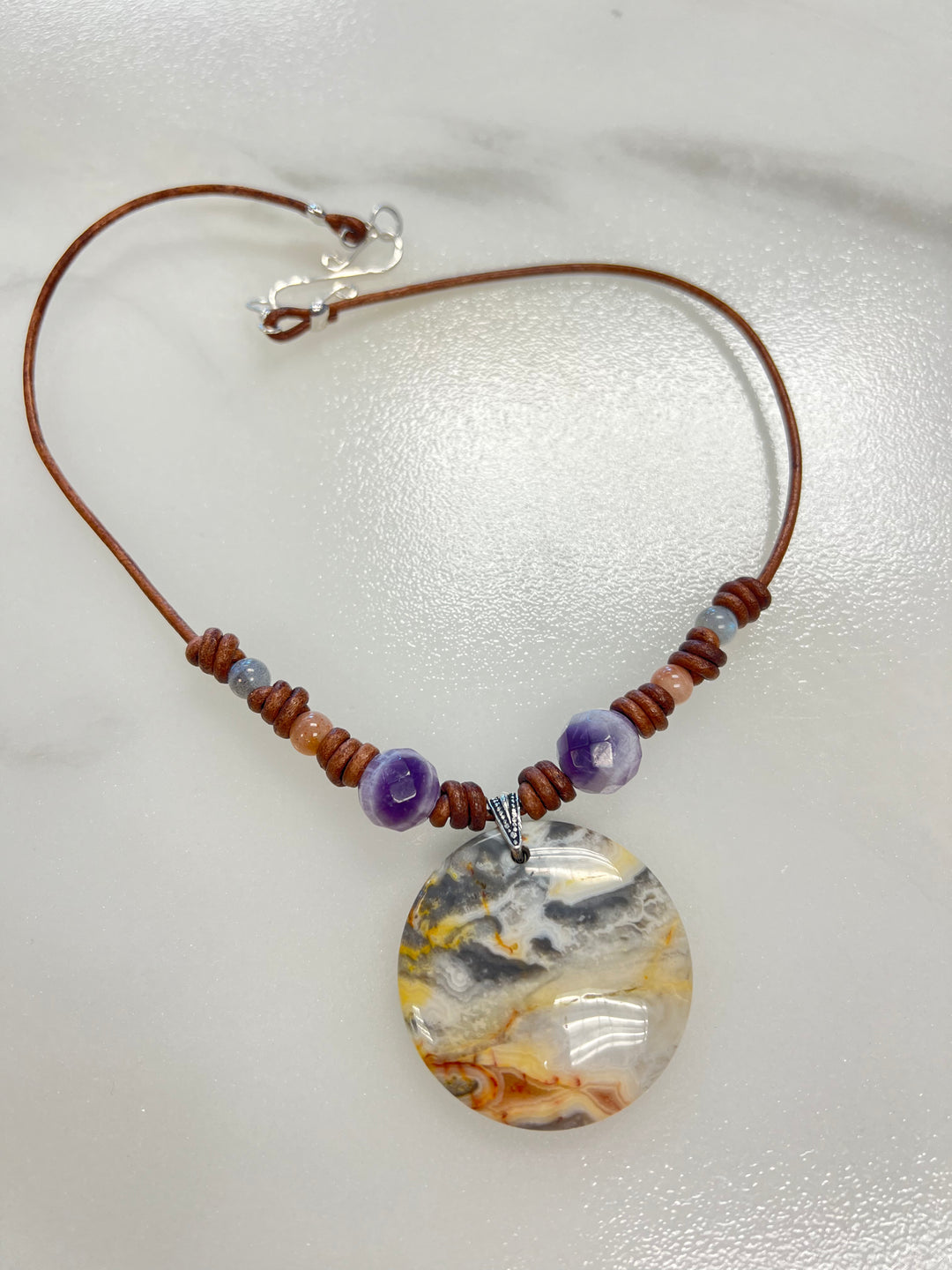Crazy Lace Agate & Amethyst Necklace | Handcrafted Sterling Silver & Leather Em'z Blendz Soap Co.