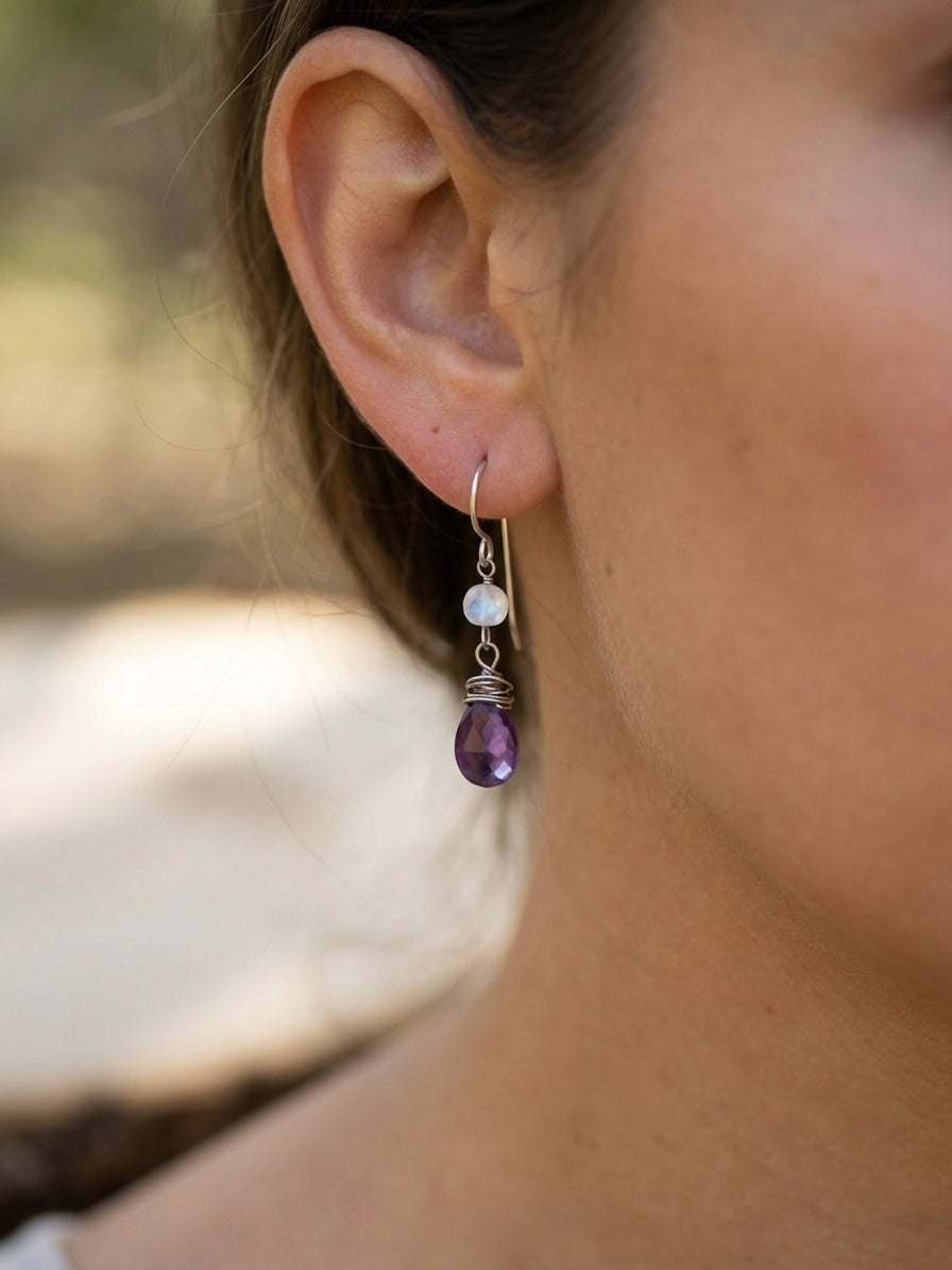 Violet Moon Amethyst Earrings | Rainbow Moonstone & Fine Silver Dangles Em'z Blendz Soap Co.