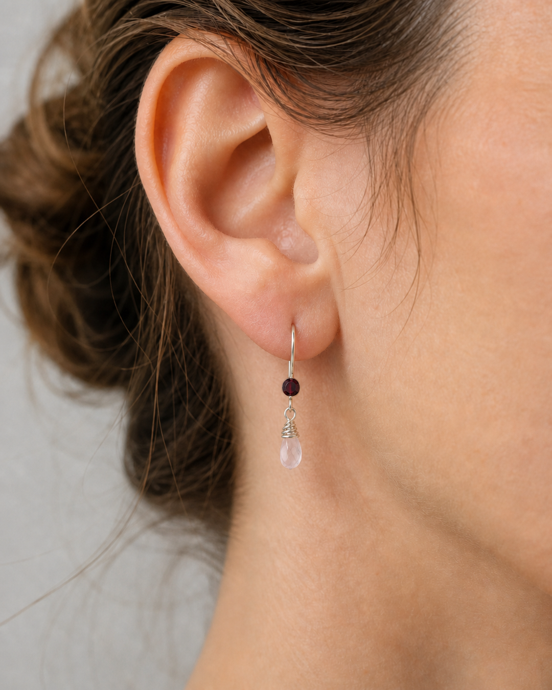 Raspberry Rose Earrings | Rhodolite Garnet & Rose Quartz Fine Silver Dangles Em'z Blendz Soap Co.