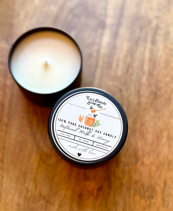 Oatmeal Milk & Honey Soy Wax Candle in Tin | Cozy & Inviting Aroma Em'z Blendz Soap Co.