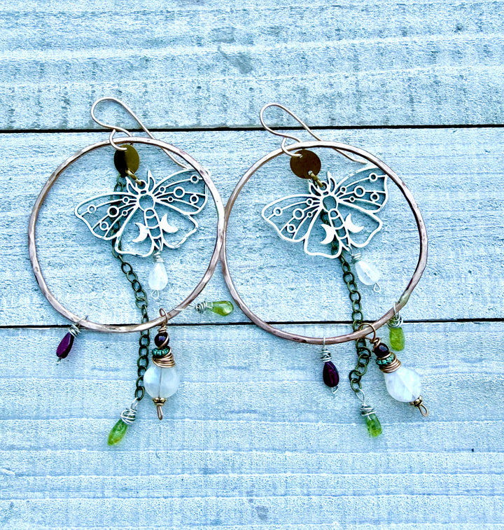 Luna Moth Talisman Earrings | Bronze, Peridot, Rainbow Moonstone & Rhodolite Garnet Em'z Blendz Soap Co.