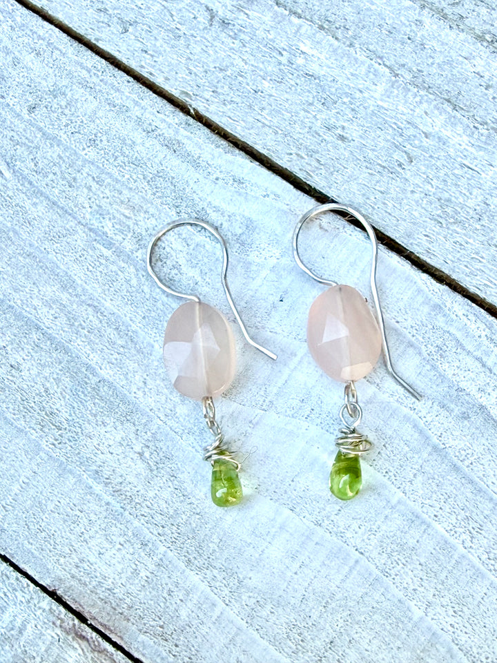 Bloom & Glow Rose Quartz Earrings | Rose Quartz & Peridot Fine Silver Dangles Em'z Blendz Soap Co.