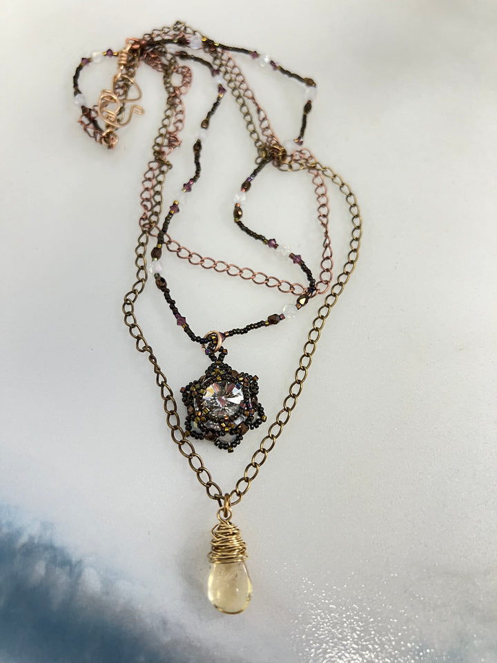 Em'z Blendz Layered Lotus Flower Necklace | Handwoven Clear Crystal, Citrine, Brass & Antiqued Copper    Em'z Blendz Soap Co.
