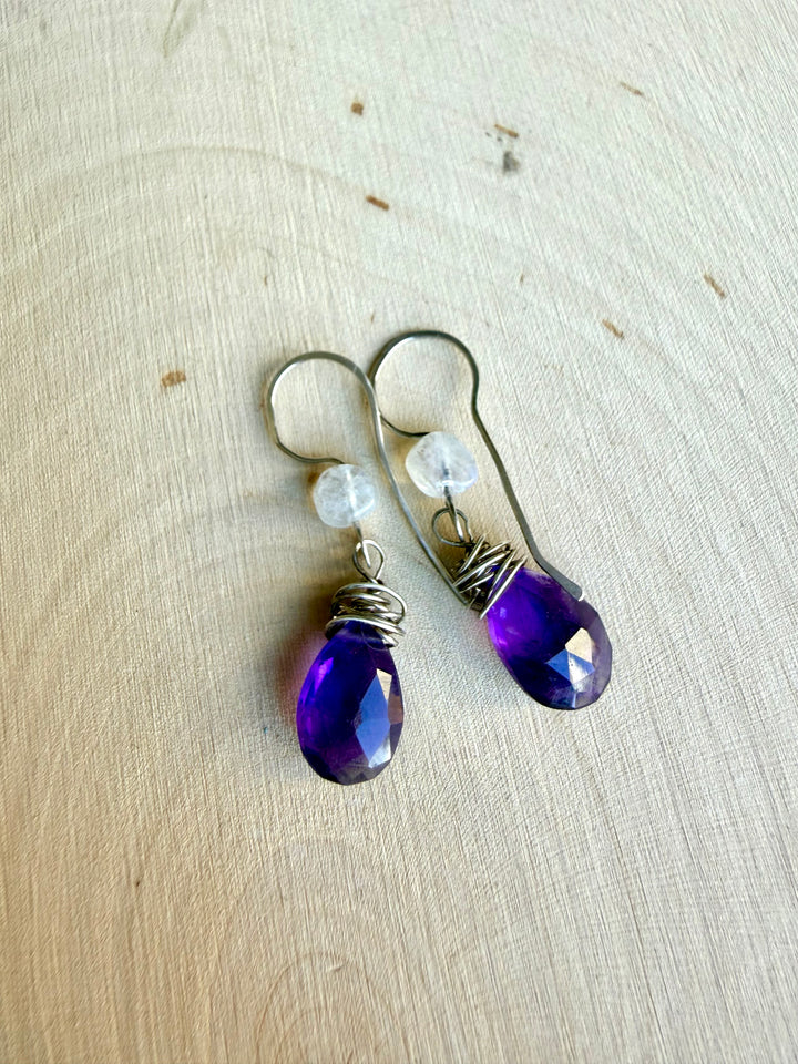 Violet Moon Amethyst Earrings | Rainbow Moonstone & Fine Silver Dangles Em'z Blendz Soap Co.