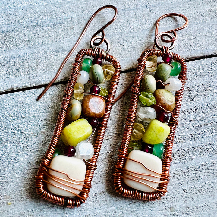 Framed Gemstone Earrings | Hand-hammered Copper with Garnet, Jade, Peridot, Autumn Jasper, Rainbow Moonstone & Citrine    Em'z Blendz Soap Co.