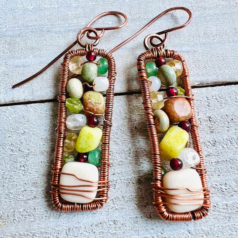 Framed Gemstone Earrings | Hand-hammered Copper with Garnet, Jade, Peridot, Autumn Jasper, Rainbow Moonstone & Citrine    Em'z Blendz Soap Co.