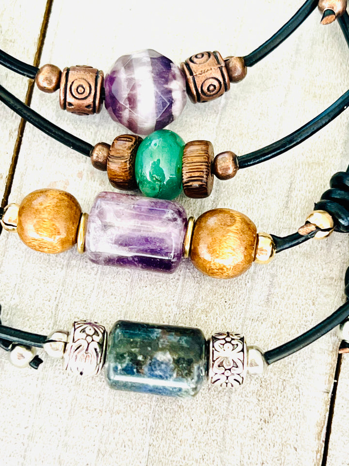 Gemstone & Leather Adjustable Anklet    Em'z Blendz Soap Co.