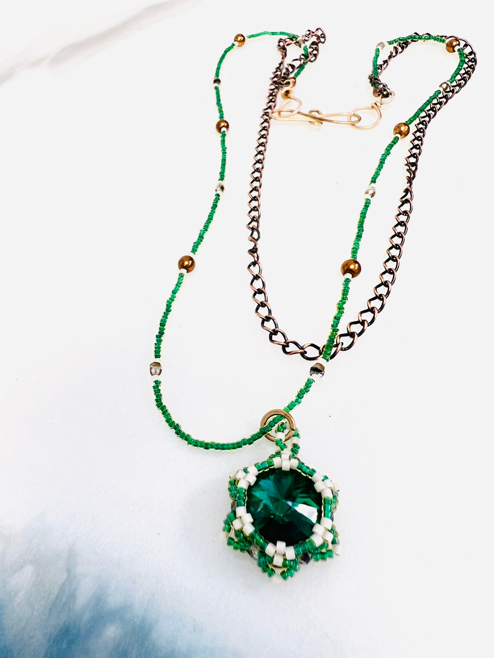 Em'z Blendz Lotus Flower Necklace | Handwoven Emerald Crystal, Brass & Copper    Em'z Blendz Soap Co.