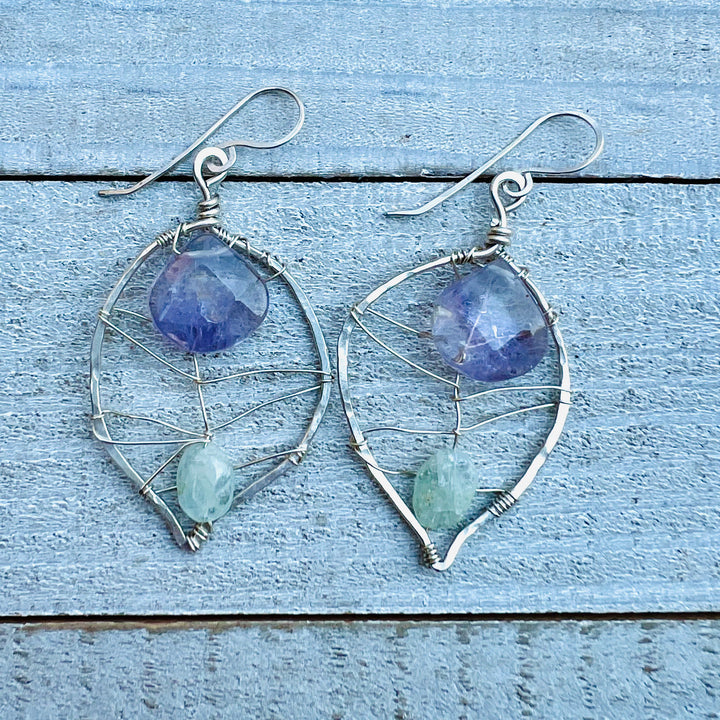 Amethyst & Aquamarine Leaf Earrings | Handcrafted with Fine Silver    Em'z Blendz Soap Co.