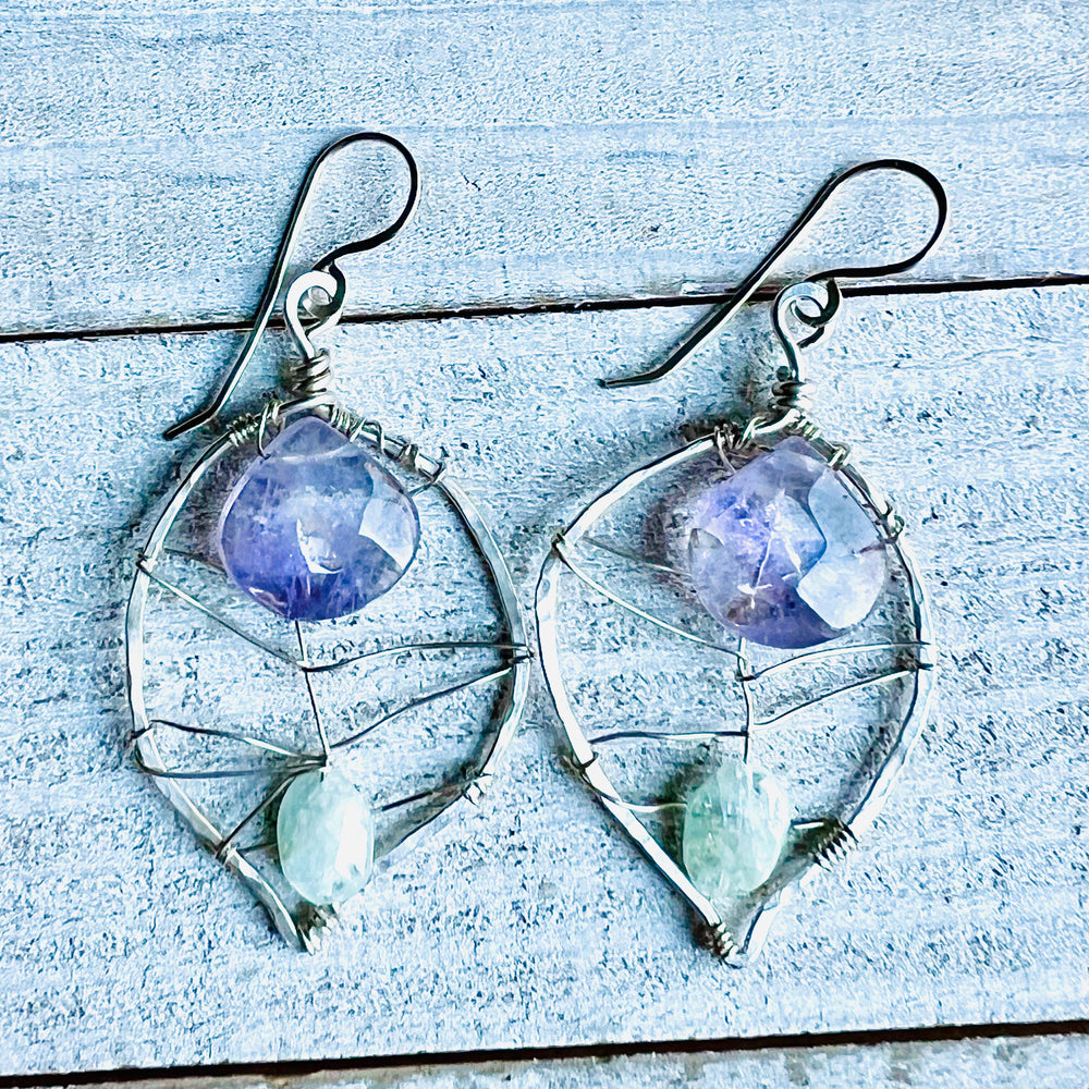 Amethyst & Aquamarine Leaf Earrings | Handcrafted with Fine Silver    Em'z Blendz Soap Co.