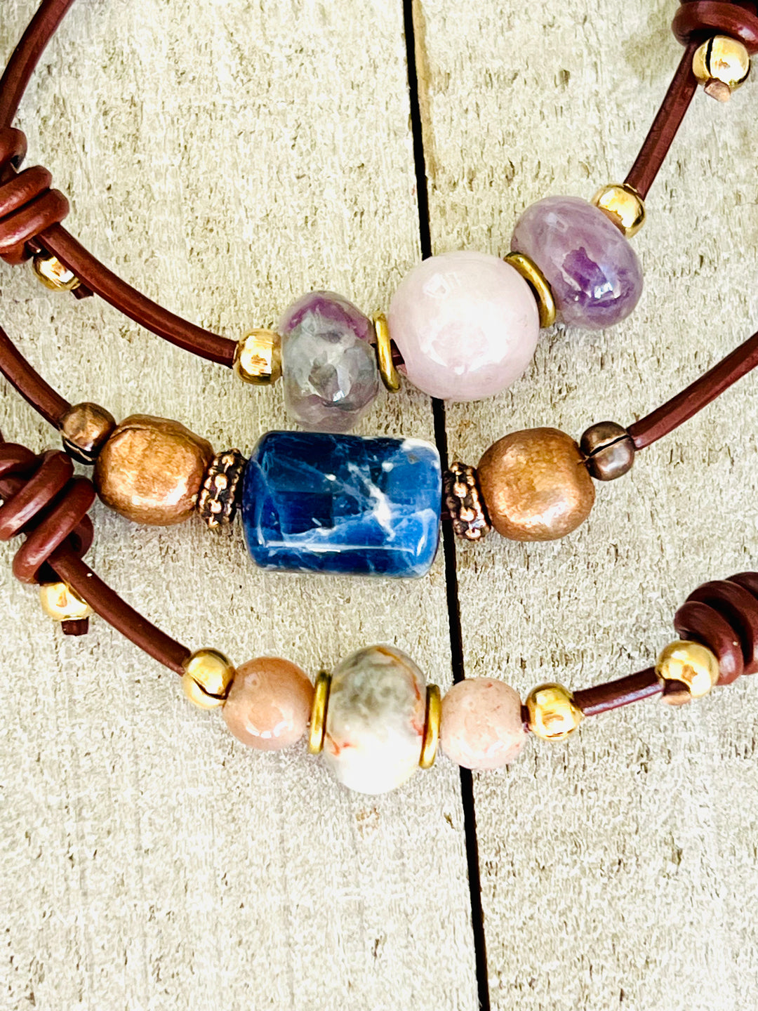 Gemstone & Leather Adjustable Anklet    Em'z Blendz Soap Co.