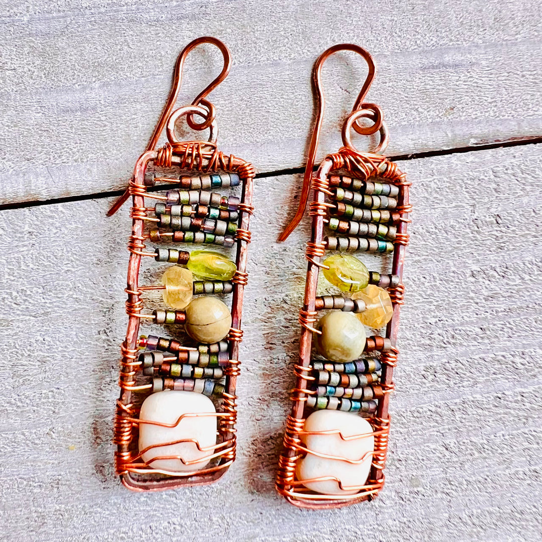 Framed Gemstone Earrings | Hand-hammered Copper with Peridot, Citrine & River Stone    Em'z Blendz Soap Co.