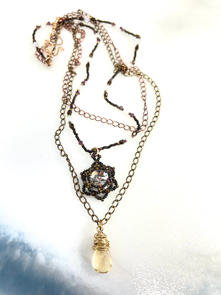 Em'z Blendz Layered Lotus Flower Necklace | Handwoven Clear Crystal, Citrine, Brass & Antiqued Copper    Em'z Blendz Soap Co.