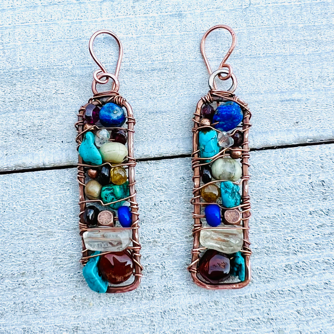 Framed Gemstone Earrings | Hand-hammered Copper with Garnet, Citrine, Lapis & Turquoise    Em'z Blendz Soap Co.