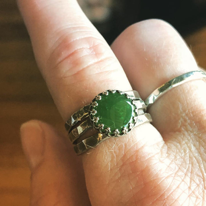 Green Jade Stack Ring Set | Hand-Hammered Solid Sterling Silver