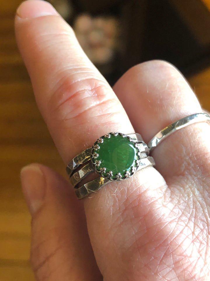 Green Jade Stack Ring Set | Hand-Hammered Solid Sterling Silver