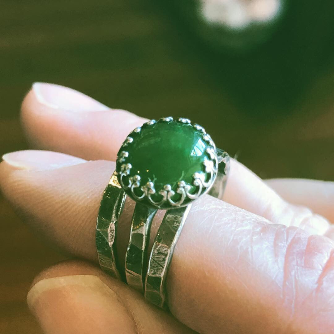 Green Jade Stack Ring Set | Hand-Hammered Solid Sterling Silver