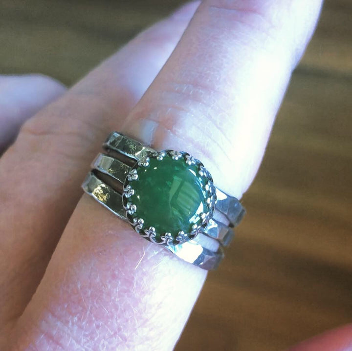 Green Jade Stack Ring Set | Hand-Hammered Solid Sterling Silver