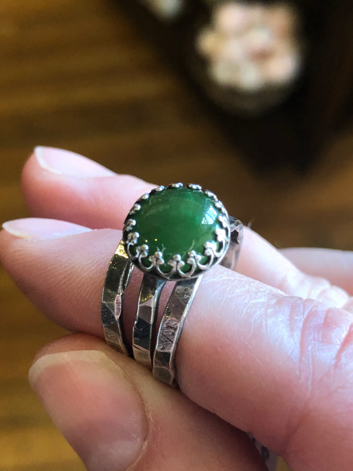 Green Jade Stack Ring Set | Hand-Hammered Solid Sterling Silver