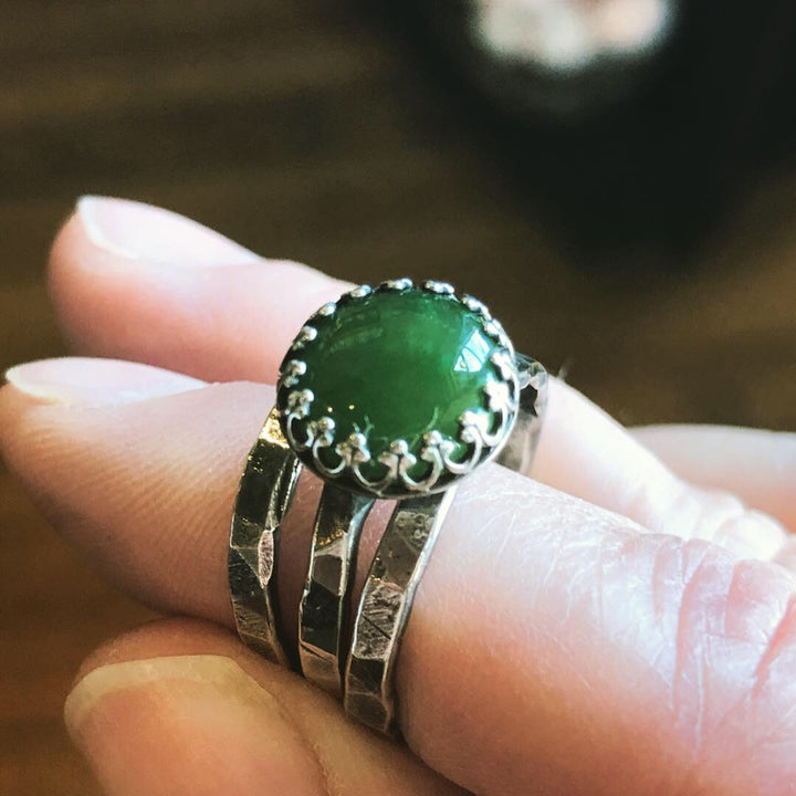 Green Jade Stack Ring Set | Hand-Hammered Solid Sterling Silver