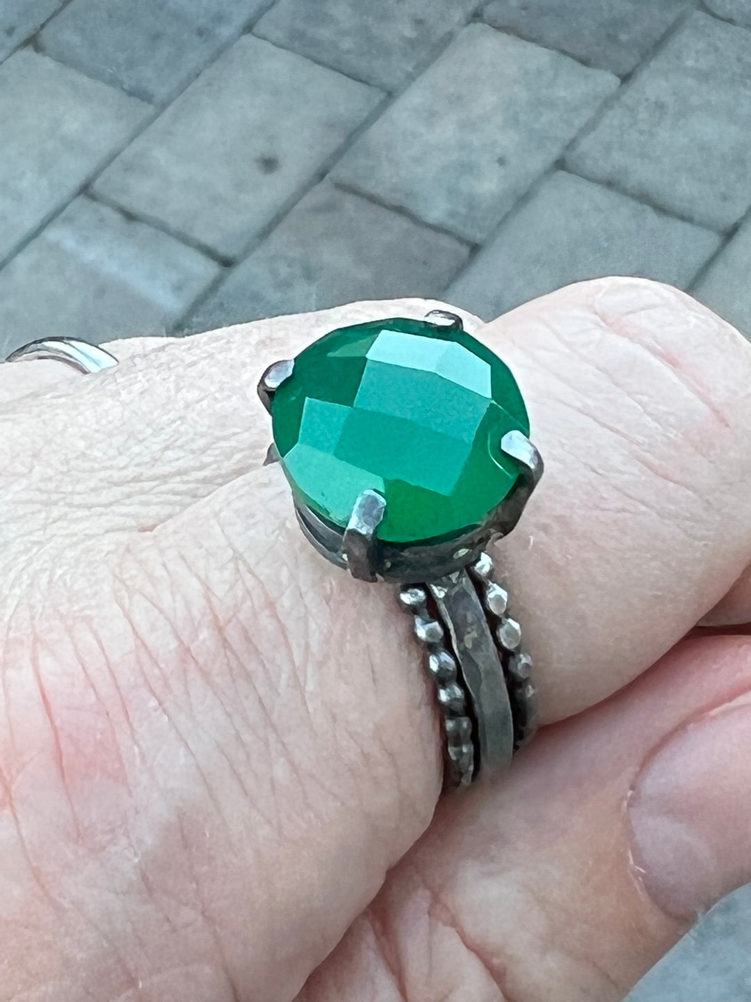 Green Onyx Stack Ring Set | Hand-Hammered Solid Sterling Silver