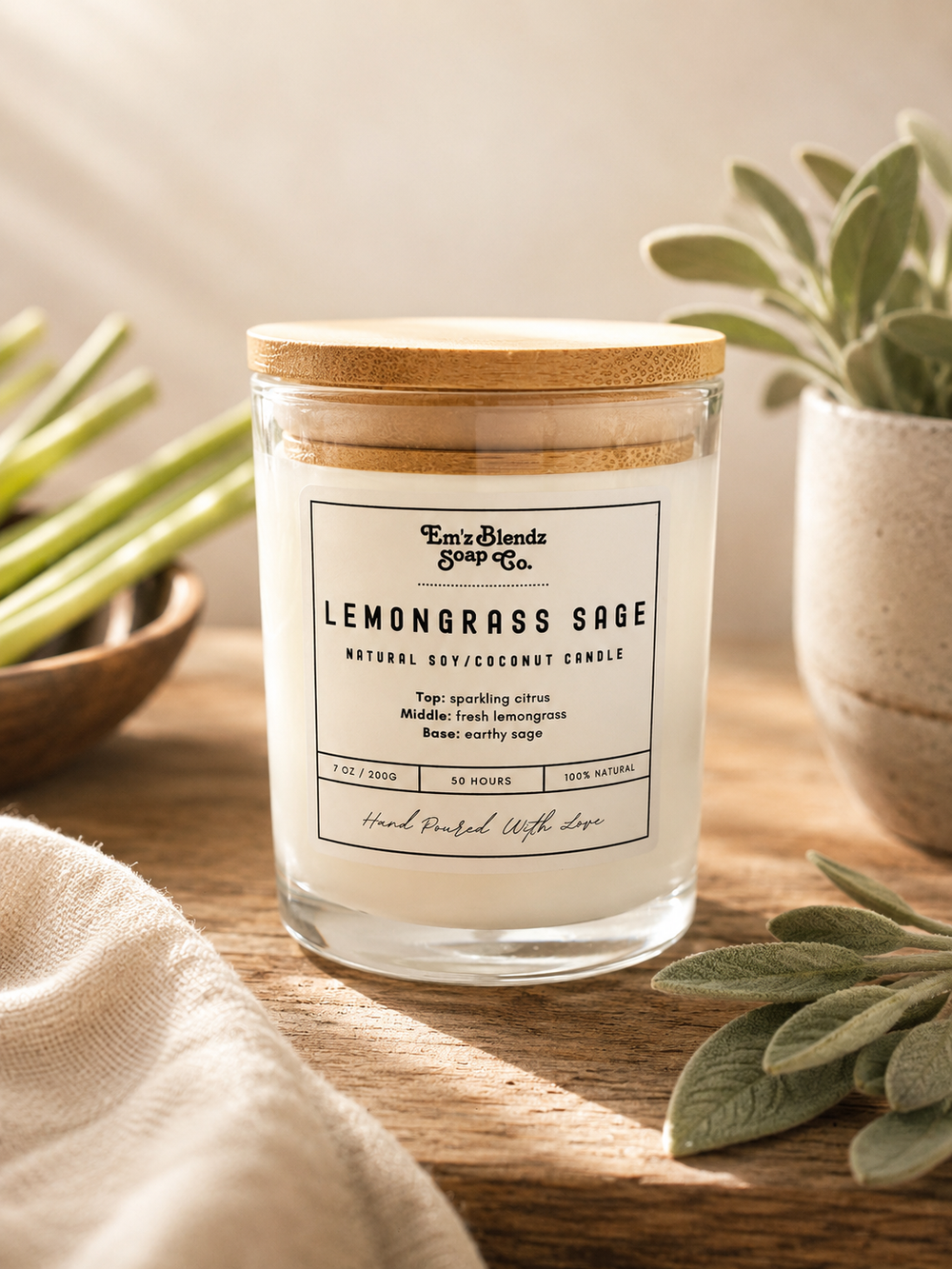 Lemongrass Sage | Natural Wax Candle Em'z Blendz Soap Co.