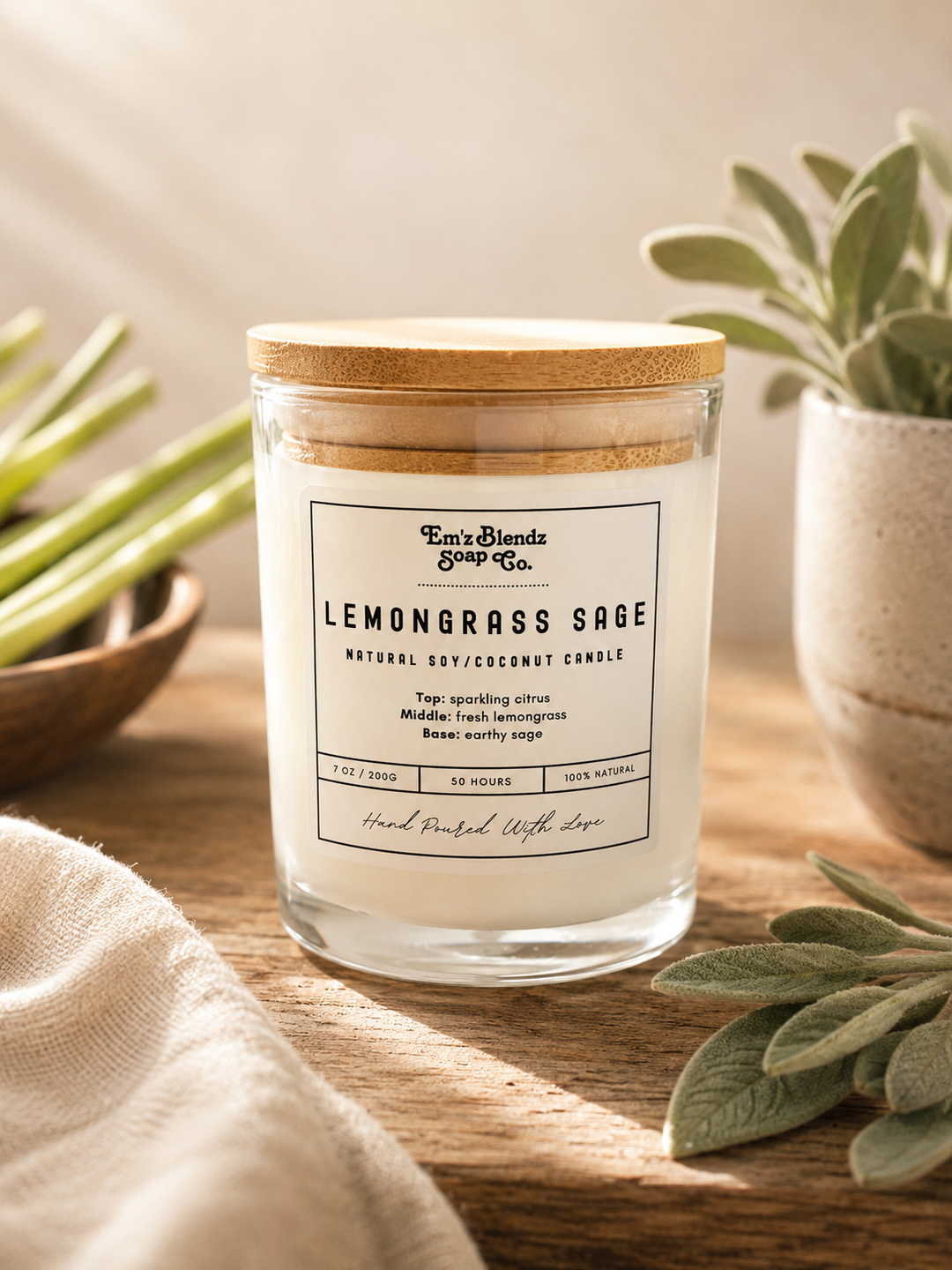 Lemongrass Sage | Natural Wax Candle Em'z Blendz Soap Co.