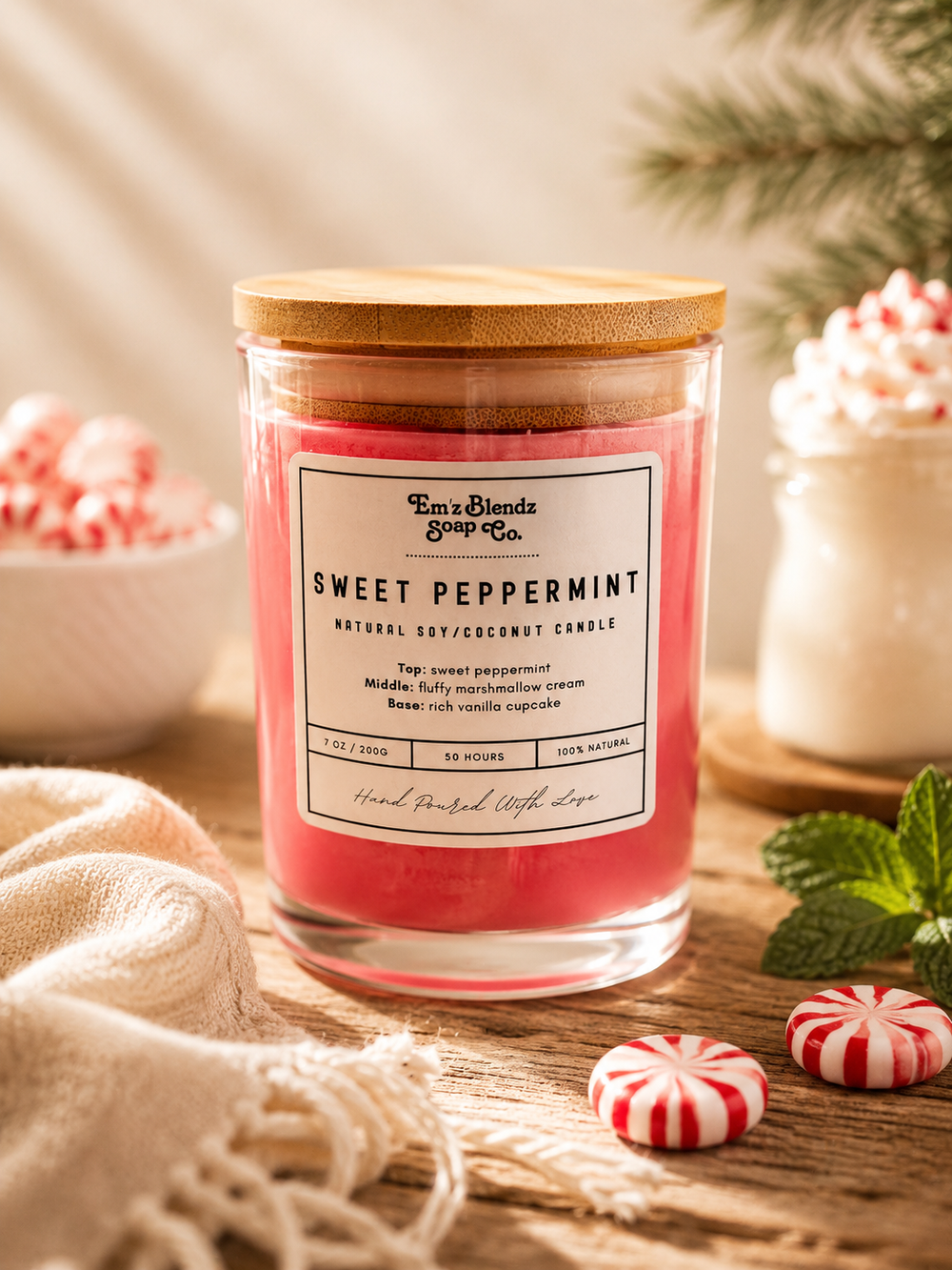 Sweet Peppermint Coconut/Soy Wax Candle | 100% Natural Wax in Glass Jar Em'z Blendz Soap Co.