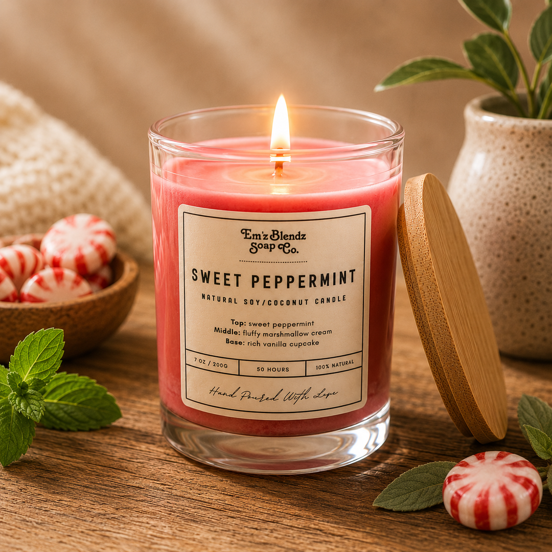 Sweet Peppermint Coconut/Soy Wax Candle | 100% Natural Wax in Glass Jar Em'z Blendz Soap Co.
