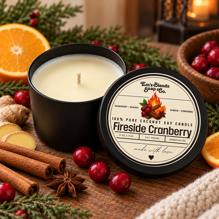 Fireside Cranberry Soy and coconut Wax Candle in Tin | Warm & Inviting Aroma Em'z Blendz Soap Co.