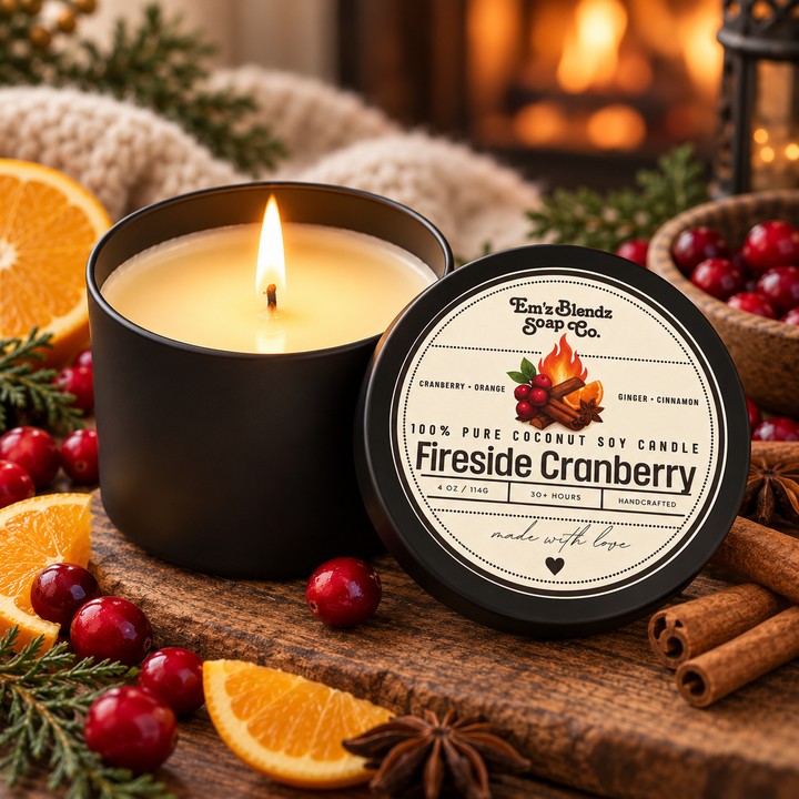 Fireside Cranberry Soy and coconut Wax Candle in Tin | Warm & Inviting Aroma Em'z Blendz Soap Co.