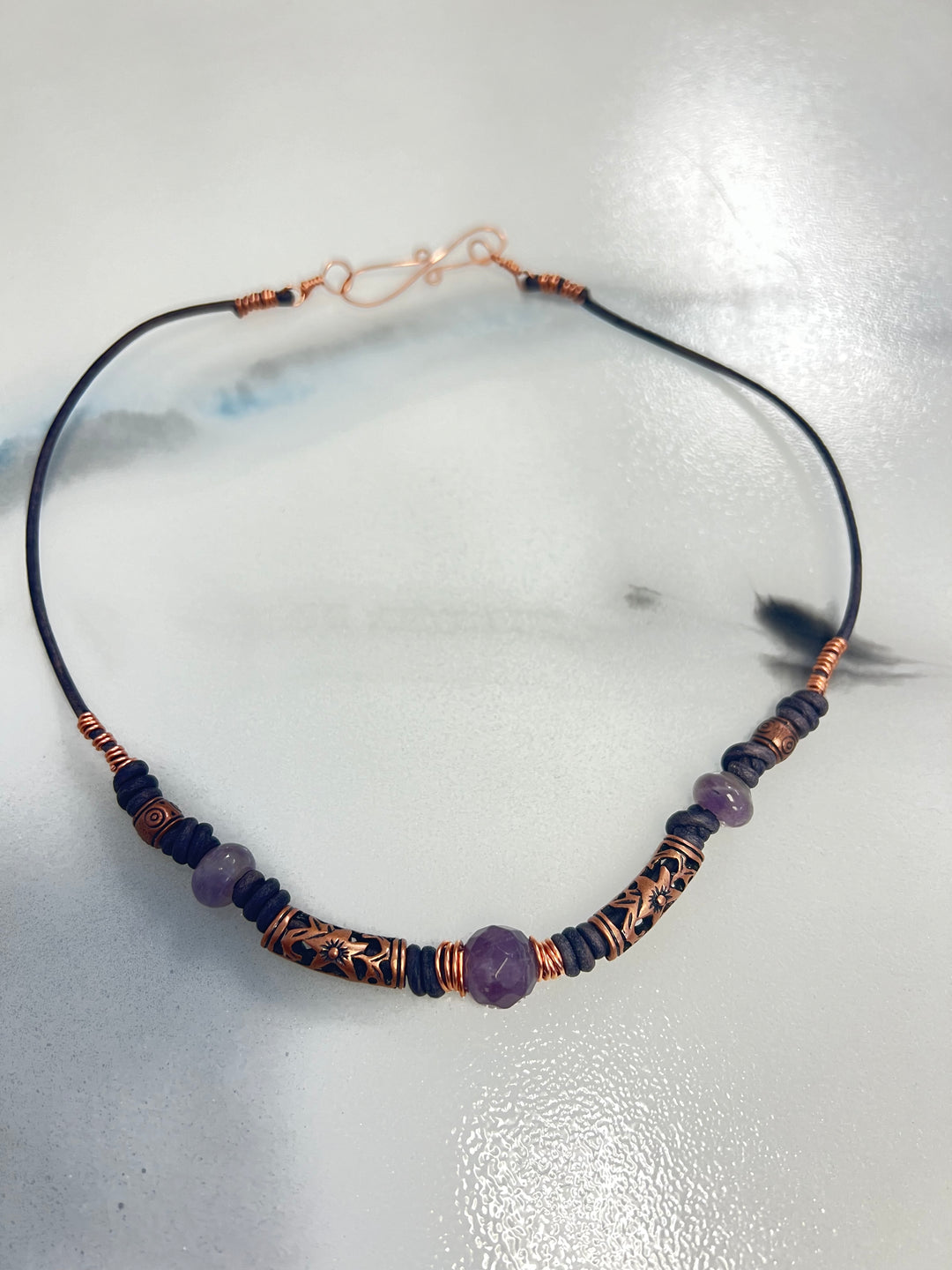 Amethyst, Copper & Leather Necklace | Handcrafted Artisan Jewelry Em'z Blendz Soap Co.