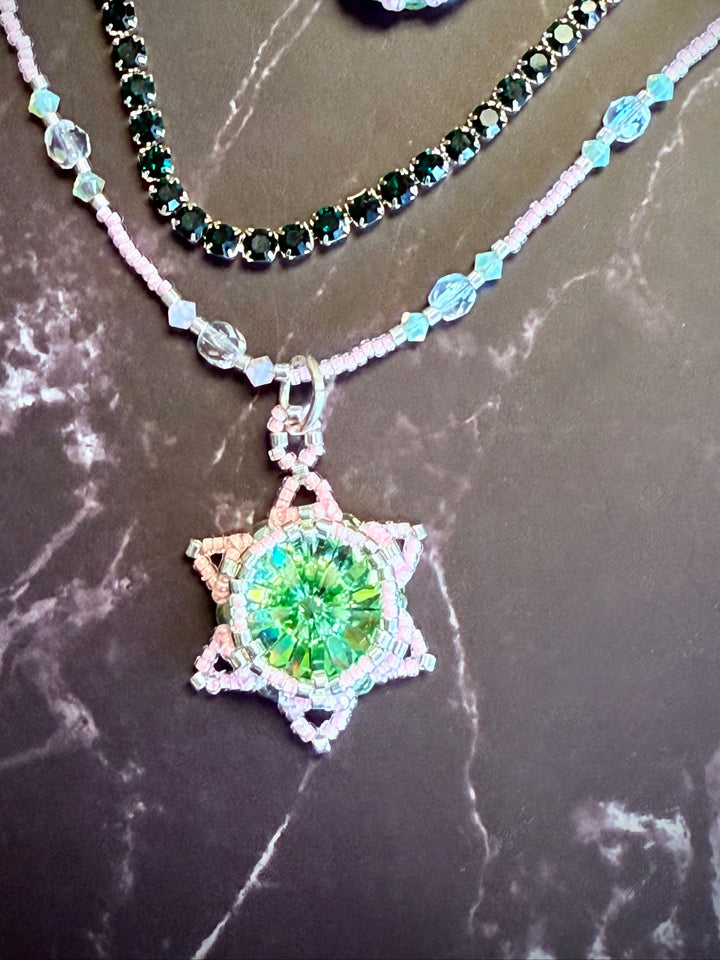 Lotus Flower Necklace | Handwoven Peridot Green Crystal & Sterling Silver Em'z Blendz Soap Co.