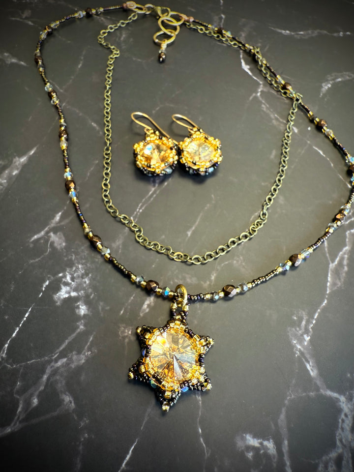 Lotus Flower Necklace | Handwoven Golden Crystal & Bronze