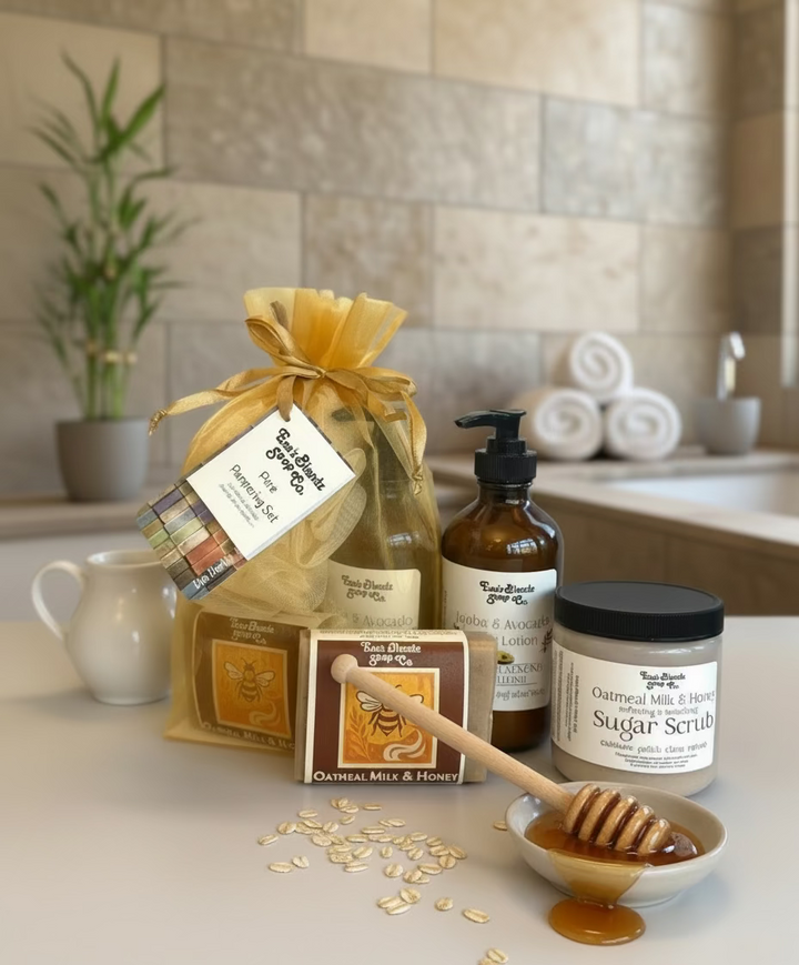 Pure Pampering Set with Bath/Shower Mesh Poof - Oatmeal Milk & Honey Em'z Blendz Soap Co.