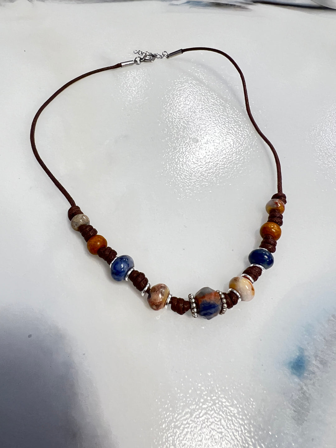 Sodalite, Crazy Lace Agate, and Silver Leather Necklace | Handcrafted Jewelry Em'z Blendz Soap Co.