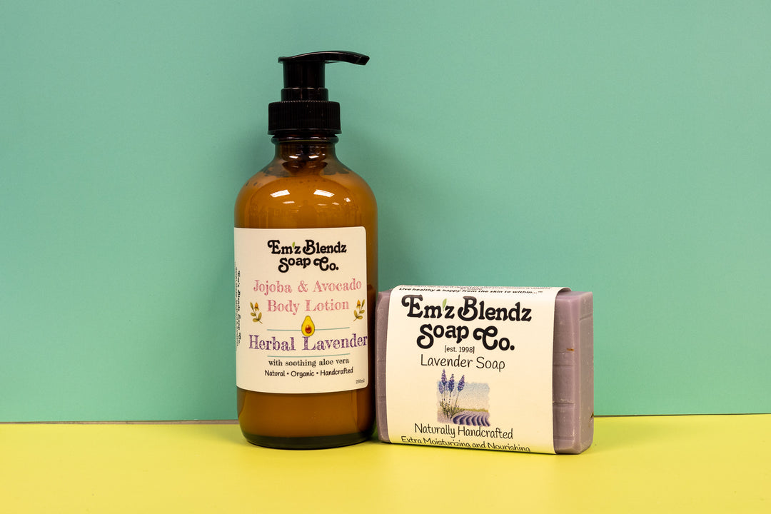 Jojoba & Avocado Body Lotion and Soap Bar Gift Set | Lavender    Em'z Blendz Soap Co.